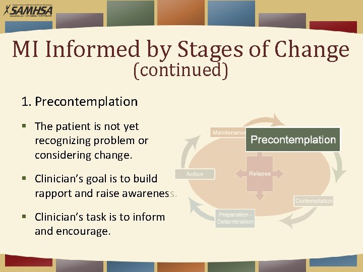 MI Informed by Stages of Change (continued) 1. Precontemplation § The patient is not