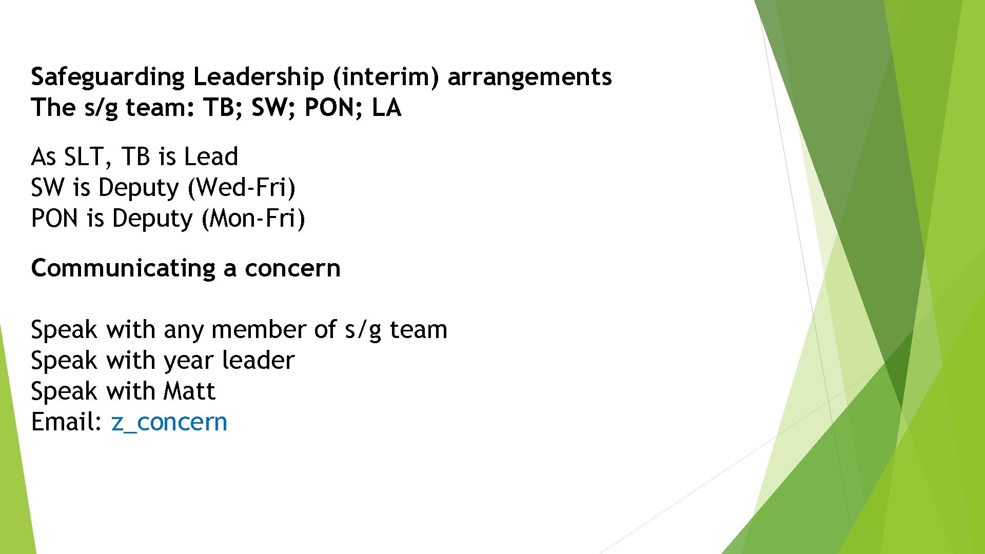 Safeguarding Leadership (interim) arrangements The s/g team: TB; SW; PON; LA As SLT, TB