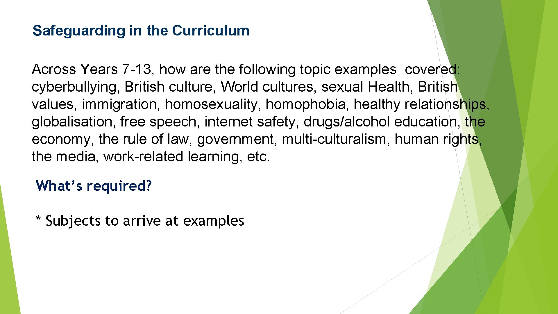 Safeguarding in the Curriculum Across Years 7 -13, how are the following topic examples