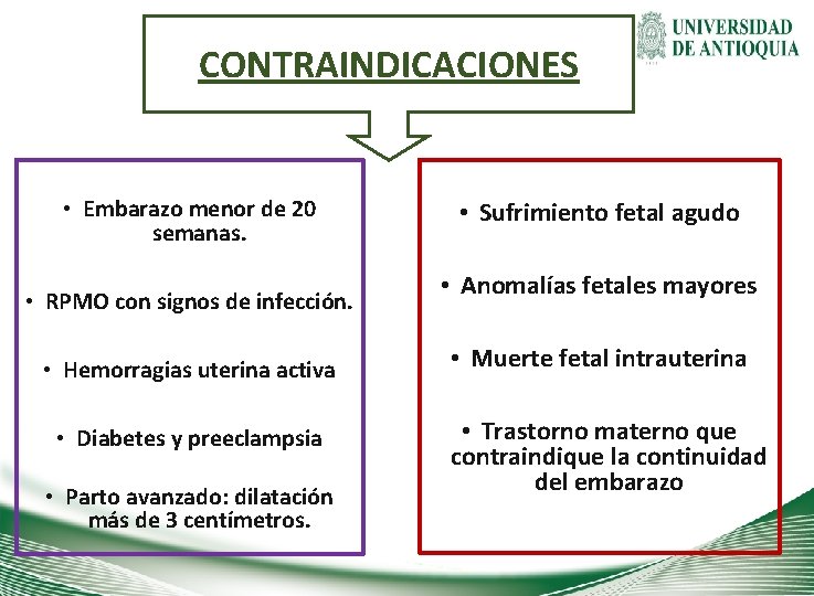 CONTRAINDICACIONES • Embarazo menor de 20 semanas. • RPMO con signos de infección. •