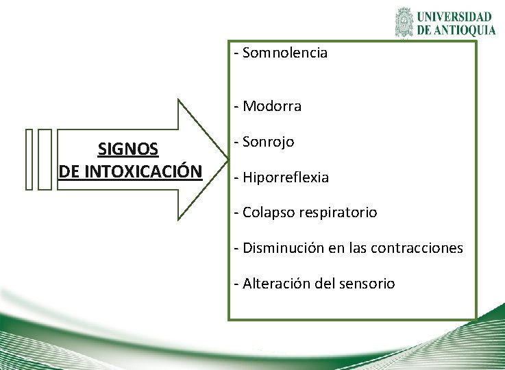 - Somnolencia - Modorra SIGNOS DE INTOXICACIÓN - Sonrojo - Hiporreflexia - Colapso respiratorio