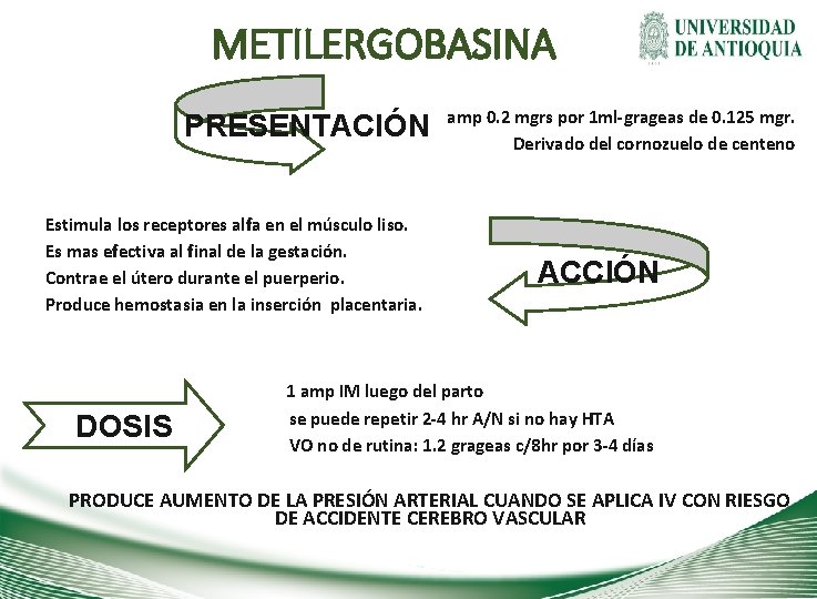 METILERGOBASINA PRESENTACIÓN Estimula los receptores alfa en el músculo liso. Es mas efectiva al