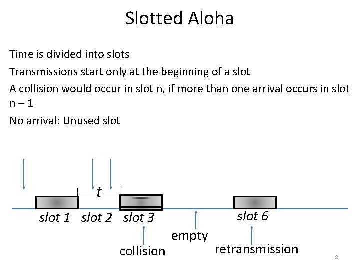 Slotted Aloha Time is divided into slots Transmissions start only at the beginning of