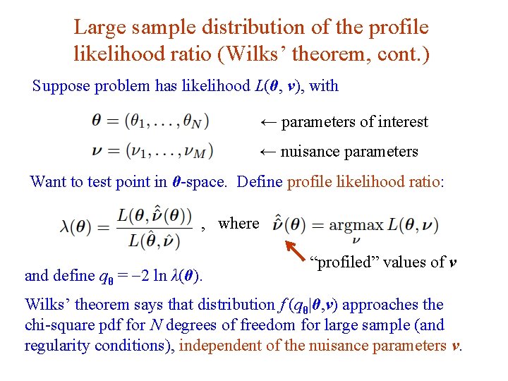 Large sample distribution of the profile likelihood ratio (Wilks’ theorem, cont. ) Suppose problem