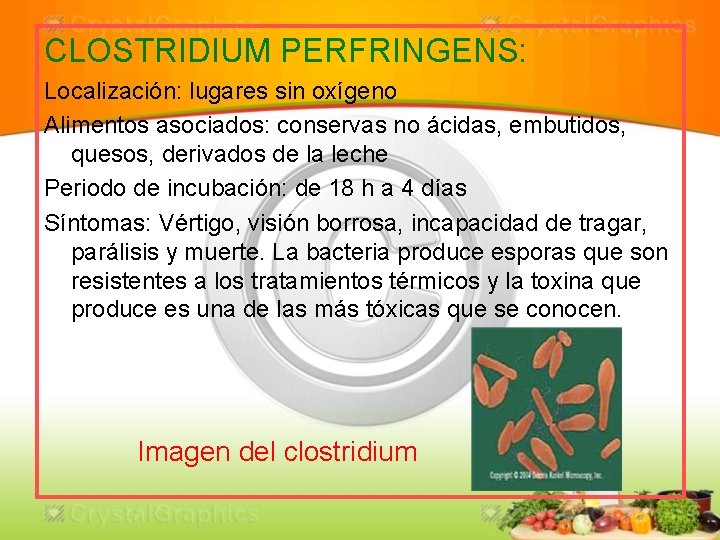 CLOSTRIDIUM PERFRINGENS: Localización: lugares sin oxígeno Alimentos asociados: conservas no ácidas, embutidos, quesos, derivados