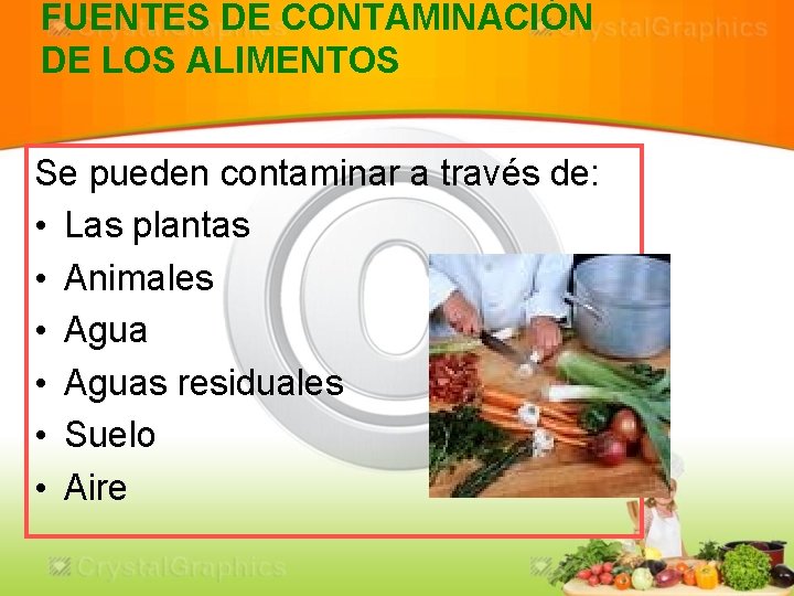 FUENTES DE CONTAMINACIÓN DE LOS ALIMENTOS Se pueden contaminar a través de: • Las
