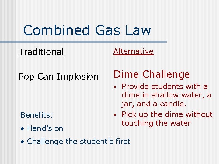 Combined Gas Law Traditional Alternative Pop Can Implosion Dime Challenge § Benefits: • Hand’s