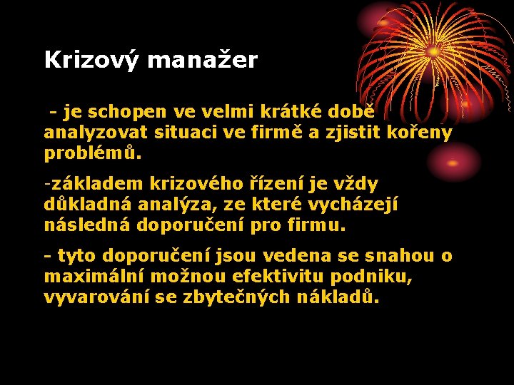 Krizový manažer - je schopen ve velmi krátké době analyzovat situaci ve firmě a