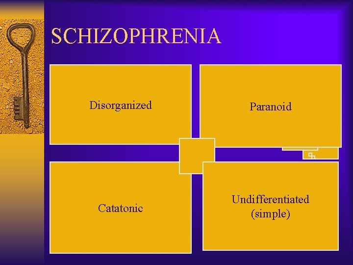 SCHIZOPHRENIA Disorganized Paranoid Catatonic Undifferentiated (simple) 