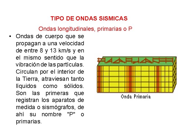 TIPO DE ONDAS SISMICAS Ondas longitudinales, primarias o P • Ondas de cuerpo que