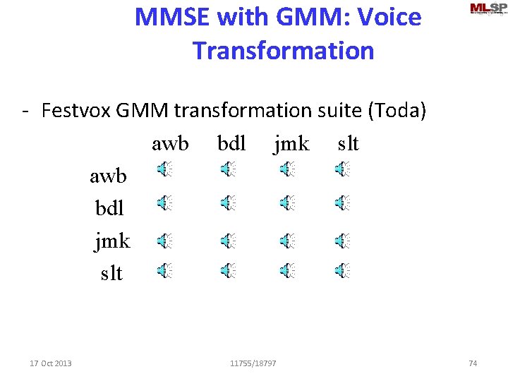 MMSE with GMM: Voice Transformation - Festvox GMM transformation suite (Toda) awb bdl jmk