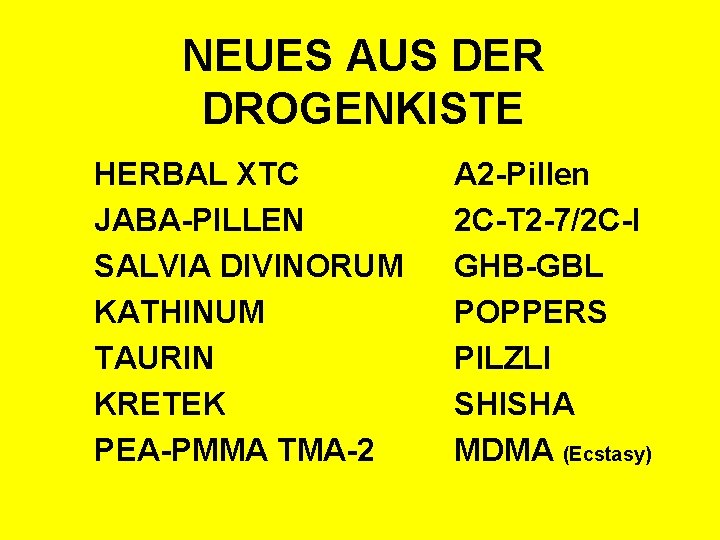 NEUES AUS DER DROGENKISTE HERBAL XTC JABA-PILLEN SALVIA DIVINORUM KATHINUM TAURIN KRETEK PEA-PMMA TMA-2