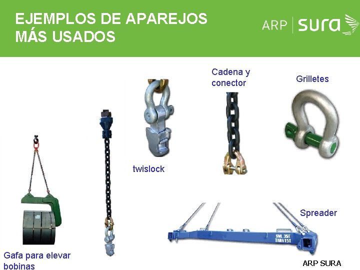 EJEMPLOS DE APAREJOS MÁS USADOS Cadena y conector Grilletes twislock Spreader Gafa para elevar EJEMPLOS DE APAREJOS MÁS USADOS Cadena y conector Grilletes twislock Spreader Gafa para elevar