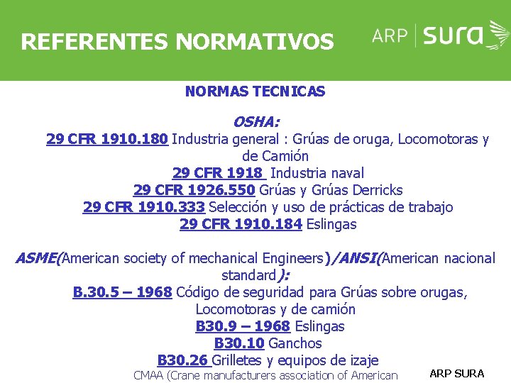 REFERENTES NORMATIVOS NORMAS TECNICAS OSHA: 29 CFR 1910. 180 Industria general : Grúas de REFERENTES NORMATIVOS NORMAS TECNICAS OSHA: 29 CFR 1910. 180 Industria general : Grúas de
