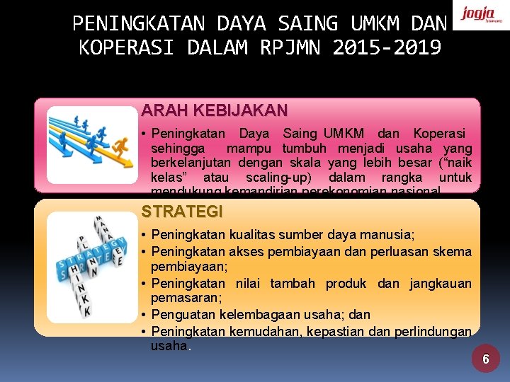 PENINGKATAN DAYA SAING UMKM DAN KOPERASI DALAM RPJMN 2015 -2019 ARAH KEBIJAKAN • Peningkatan