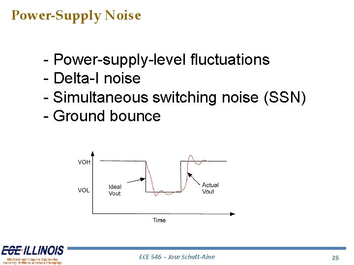 Power-Supply Noise - Power-supply-level fluctuations - Delta-I noise - Simultaneous switching noise (SSN) - Power-Supply Noise - Power-supply-level fluctuations - Delta-I noise - Simultaneous switching noise (SSN) -
