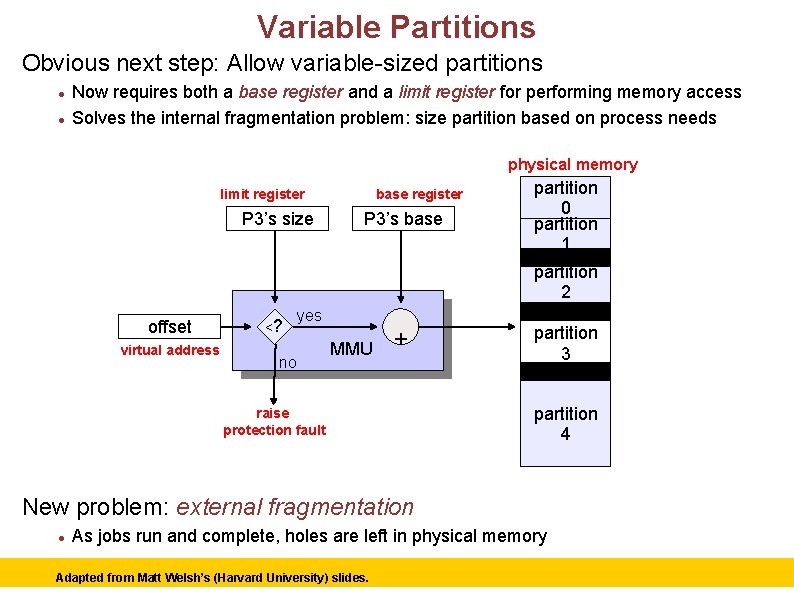 Variable Partitions Obvious next step: Allow variable-sized partitions Now requires both a base register