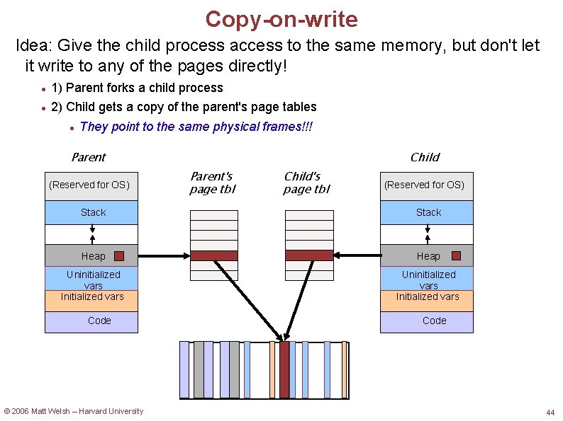 Copy-on-write Idea: Give the child process access to the same memory, but don't let