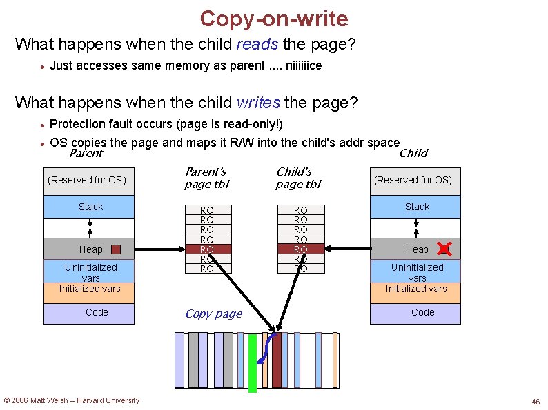 Copy-on-write What happens when the child reads the page? Just accesses same memory as