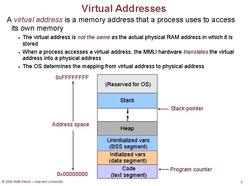 Virtual Addresses A virtual address is a memory address that a process uses to