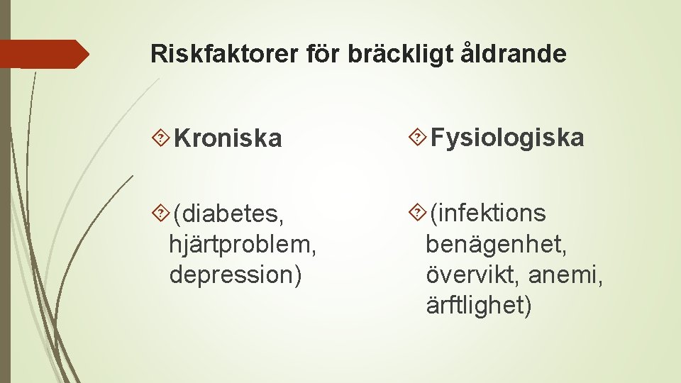 Riskfaktorer för bräckligt åldrande Kroniska Fysiologiska (diabetes, hjärtproblem, depression) (infektions benägenhet, övervikt, anemi, ärftlighet)