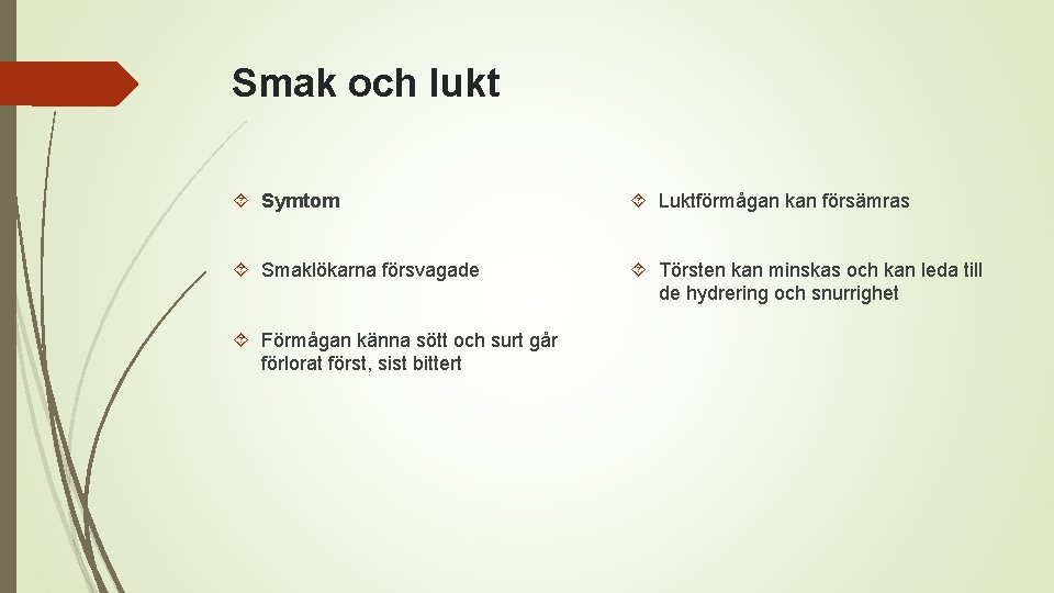 Smak och lukt Symtom Luktförmågan kan försämras Smaklökarna försvagade Törsten kan minskas och kan