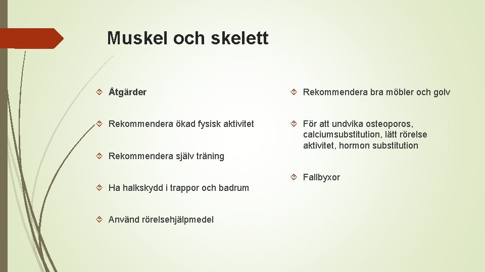 Muskel och skelett Åtgärder Rekommendera bra möbler och golv Rekommendera ökad fysisk aktivitet För