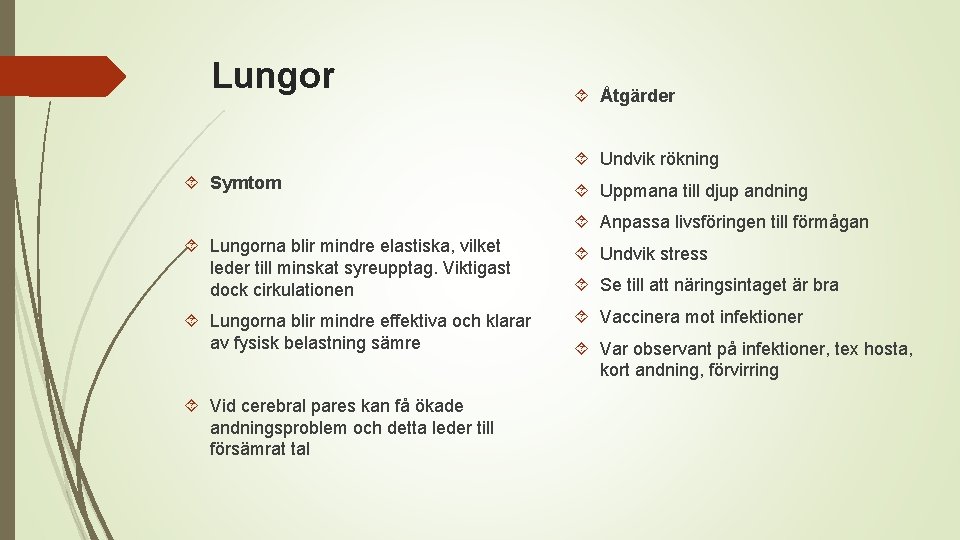 Lungor Åtgärder Undvik rökning Symtom Uppmana till djup andning Anpassa livsföringen till förmågan Lungorna