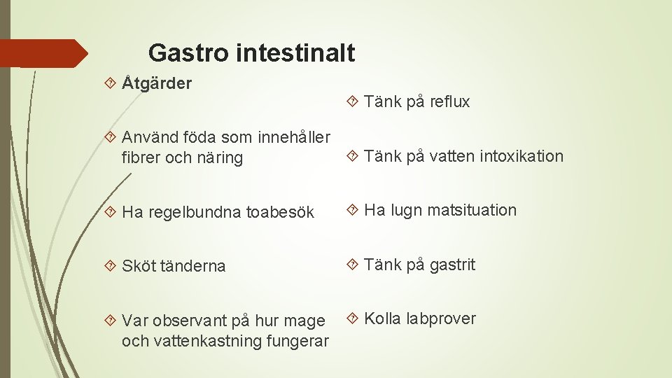 Gastro intestinalt Åtgärder Tänk på reflux Använd föda som innehåller Tänk på vatten intoxikation