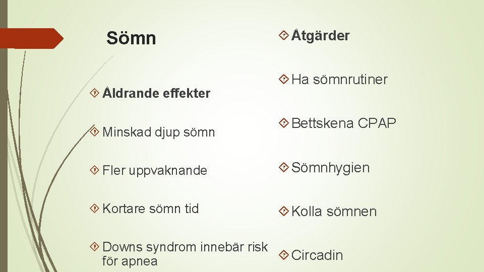 Sömn Åldrande effekter Minskad djup sömn Åtgärder Ha sömnrutiner Bettskena CPAP Fler uppvaknande Sömnhygien