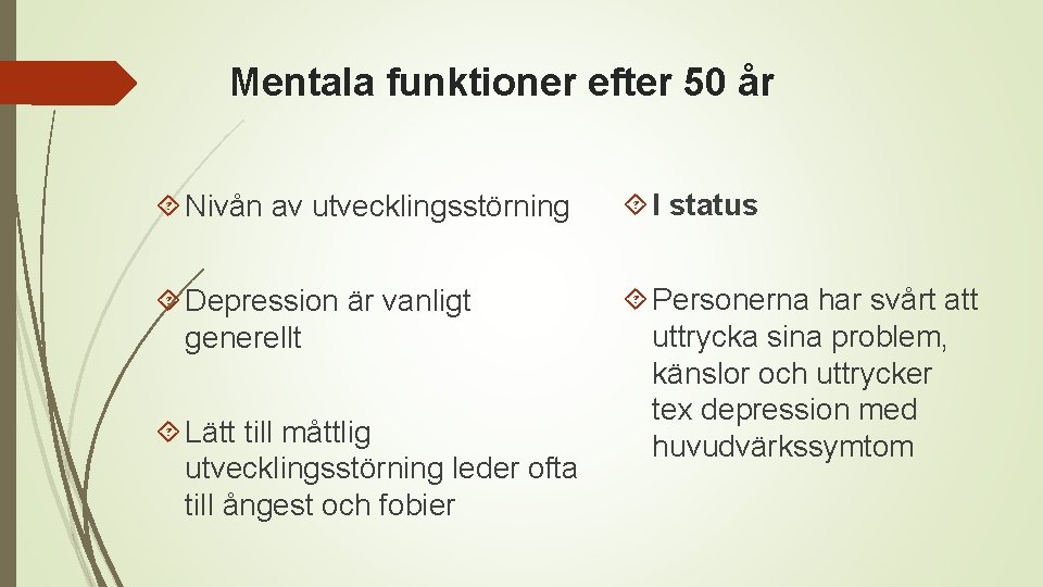 Mentala funktioner efter 50 år Nivån av utvecklingsstörning I status Depression är vanligt generellt