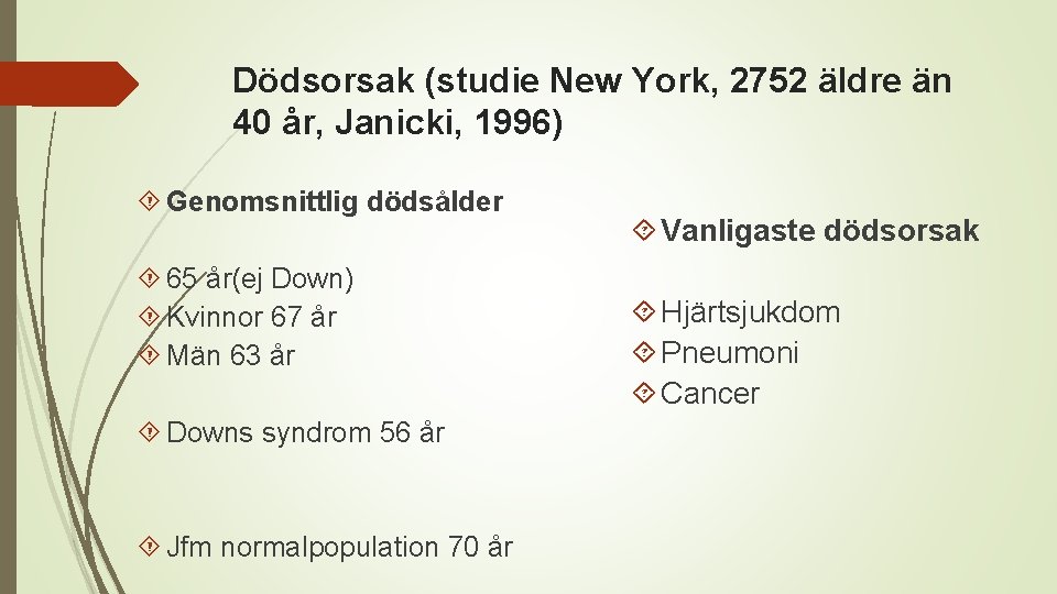 Dödsorsak (studie New York, 2752 äldre än 40 år, Janicki, 1996) Genomsnittlig dödsålder 65