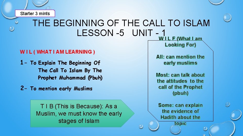 Starter 3 mints THE BEGINNING OF THE CALL TO ISLAM LESSON -5 UNIT -W