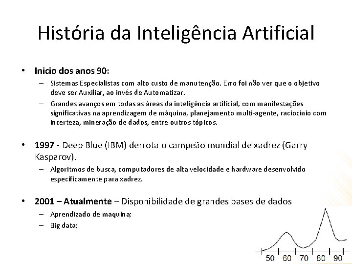 História da Inteligência Artificial • Inicio dos anos 90: – Sistemas Especialistas com alto