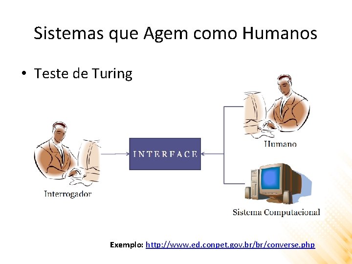 Sistemas que Agem como Humanos • Teste de Turing Exemplo: http: //www. ed. conpet.