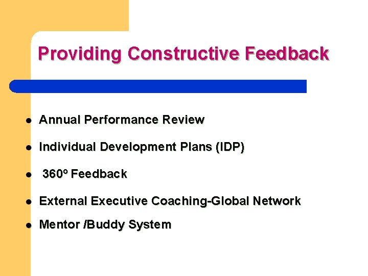 Providing Constructive Feedback l Annual Performance Review l Individual Development Plans (IDP) l 360º