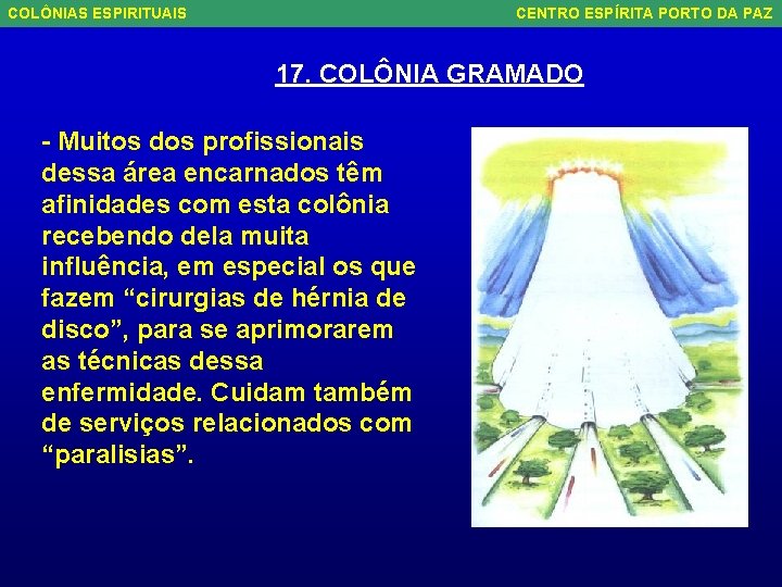 COLÔNIAS ESPIRITUAIS CENTRO ESPÍRITA PORTO DA PAZ 17. COLÔNIA GRAMADO - Muitos dos profissionais