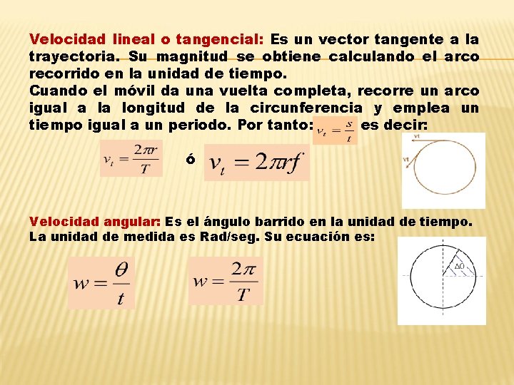 Velocidad lineal o tangencial: Es un vector tangente a la trayectoria. Su magnitud se