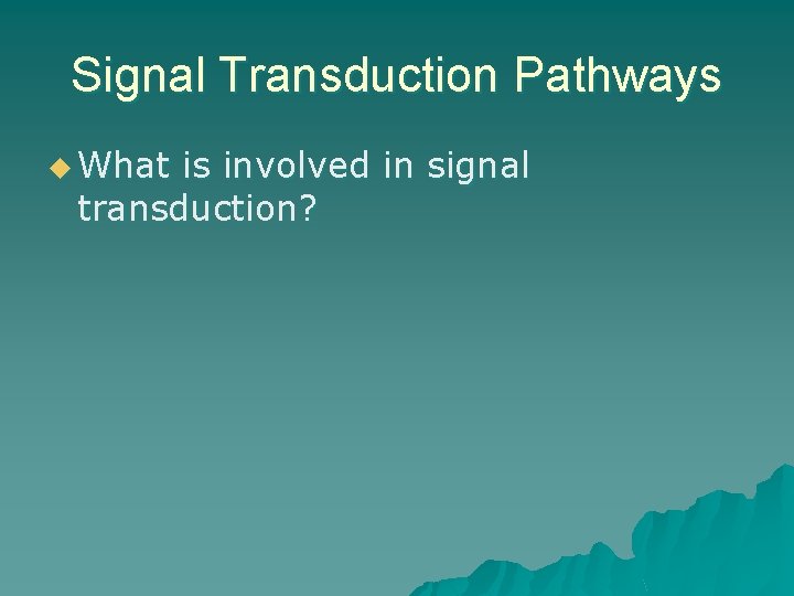 Signal Transduction Pathways u What is involved in signal transduction? Signal Transduction Pathways u What is involved in signal transduction?
