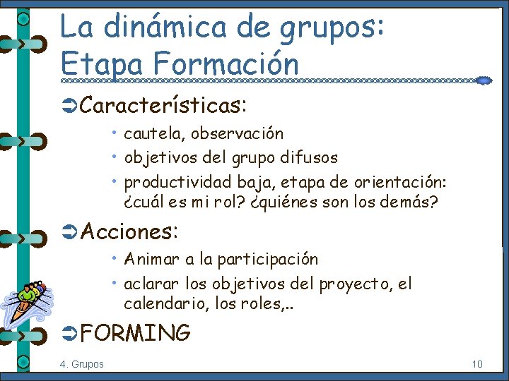 La dinámica de grupos: Etapa Formación Ü Características: • cautela, observación • objetivos del