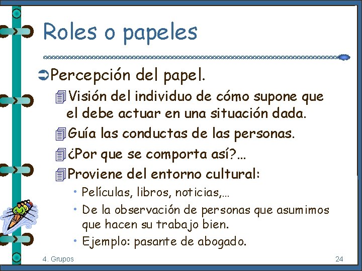 Roles o papeles Ü Percepción del papel. 4 Visión del individuo de cómo supone