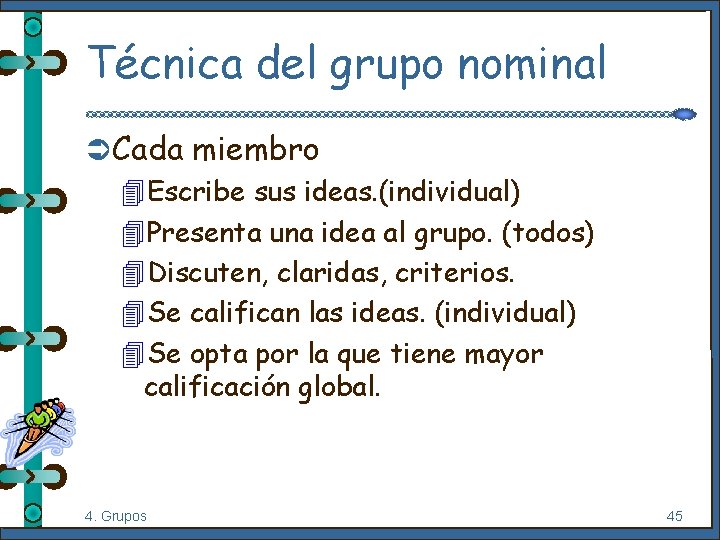 Técnica del grupo nominal Ü Cada miembro 4 Escribe sus ideas. (individual) 4 Presenta