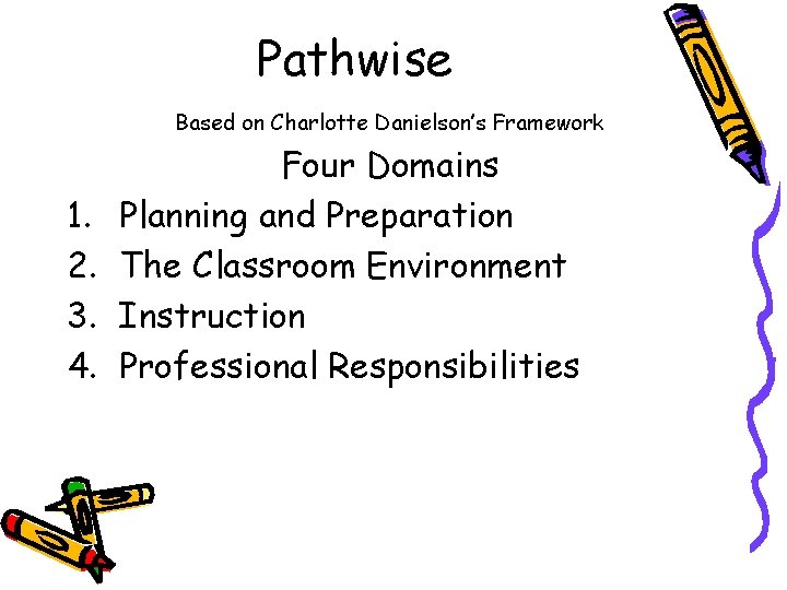 Pathwise Based on Charlotte Danielson’s Framework 1. 2. 3. 4. Four Domains Planning and