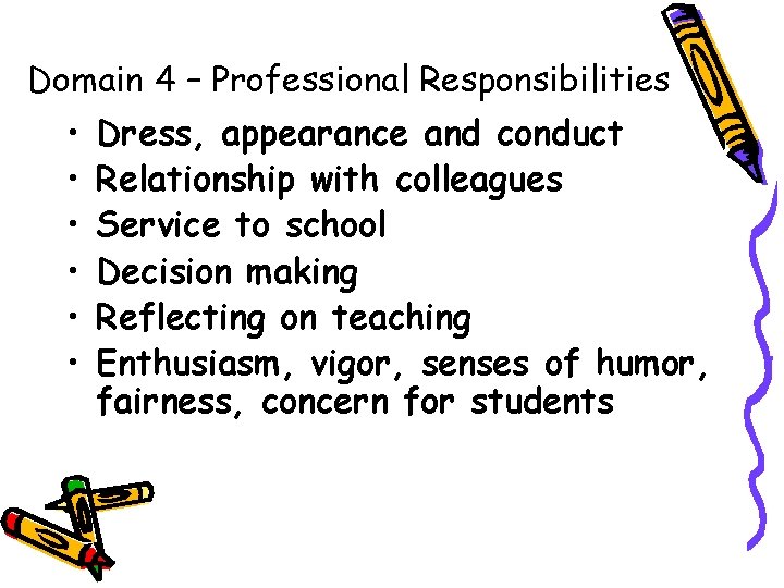 Domain 4 – Professional Responsibilities • • • Dress, appearance and conduct Relationship with