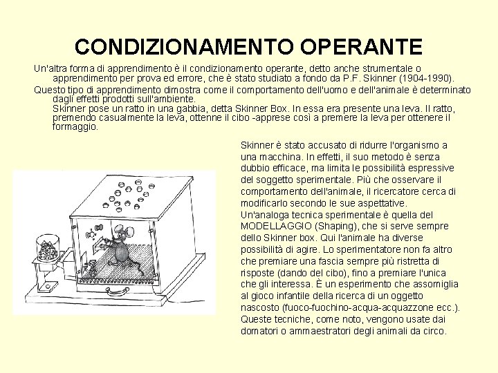 CONDIZIONAMENTO OPERANTE Un'altra forma di apprendimento è il condizionamento operante, detto anche strumentale o