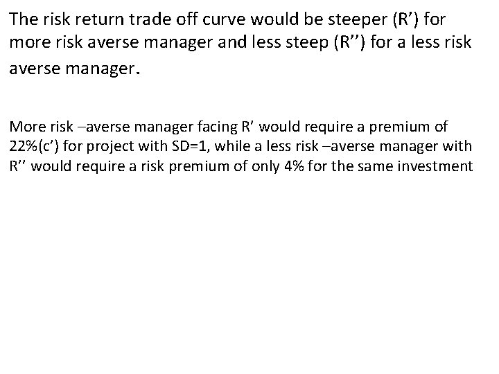 The risk return trade off curve would be steeper (R’) for more risk averse