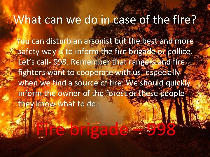 What can we do in case of the fire? You can disturb an arsonist