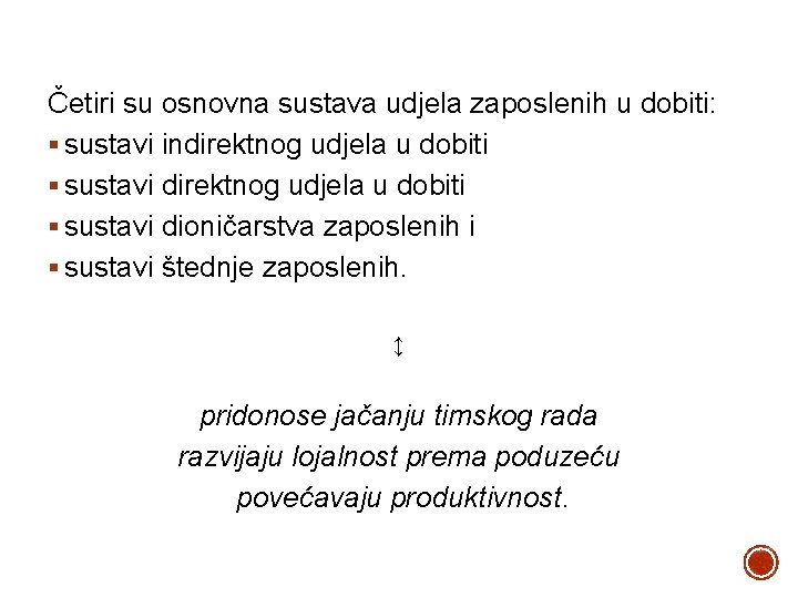 Četiri su osnovna sustava udjela zaposlenih u dobiti: § sustavi indirektnog udjela u dobiti