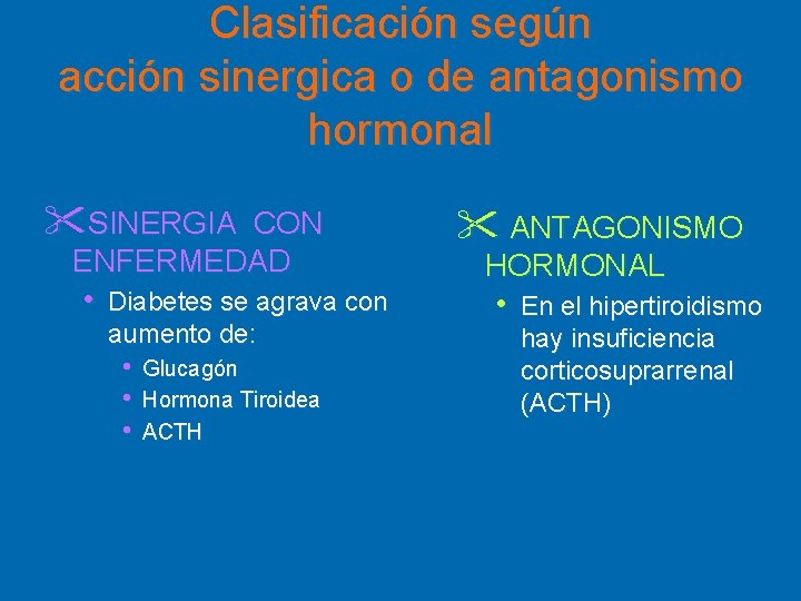 Clasificación según acción sinergica o de antagonismo hormonal "SINERGIA CON ENFERMEDAD • Diabetes se