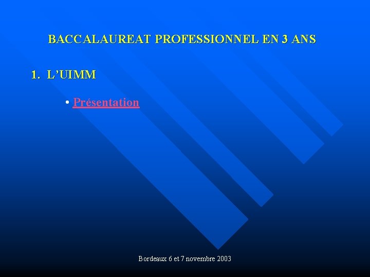 BACCALAUREAT PROFESSIONNEL EN 3 ANS 1. L’UIMM • Présentation Bordeaux 6 et 7 novembre